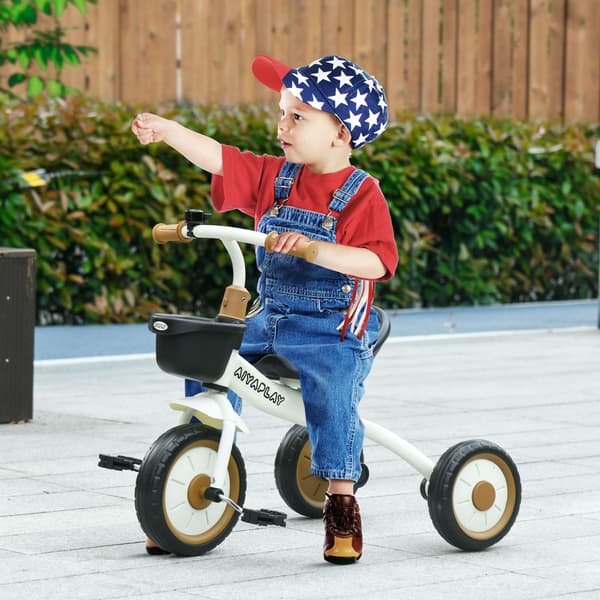 HOMAIRE barncykel trehjuling 2-5 år, justerbar sits, ringklocka, cykelkorg, metallram, vit Vit