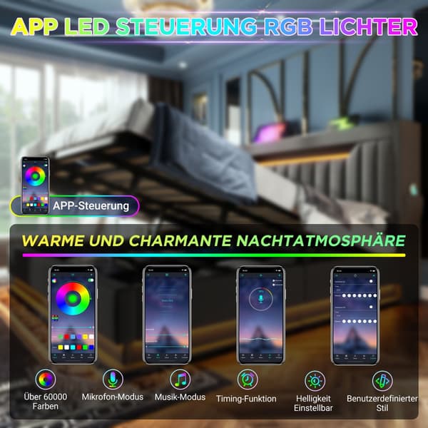 HOMAIRE Förvaringssängram med LED-belysning och USB-laddning, grå Grå 218 x 162 x 112 cm