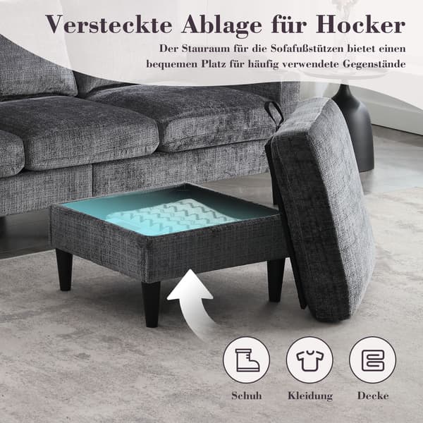 HOMAIRE 4-sits soffa med fotpall och förvaring, grå chenille Grå