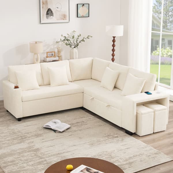HOMAIRE L-format bäddsoffa med förvaring, USB & USB-C, beige chenille Beige 220 x 205 x 86.5 cm