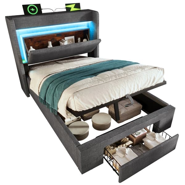 HOMAIRE Förvaringssängram med LED-belysning och USB/USB-C-portar, grå Grå 219 x 101 x 111 cm