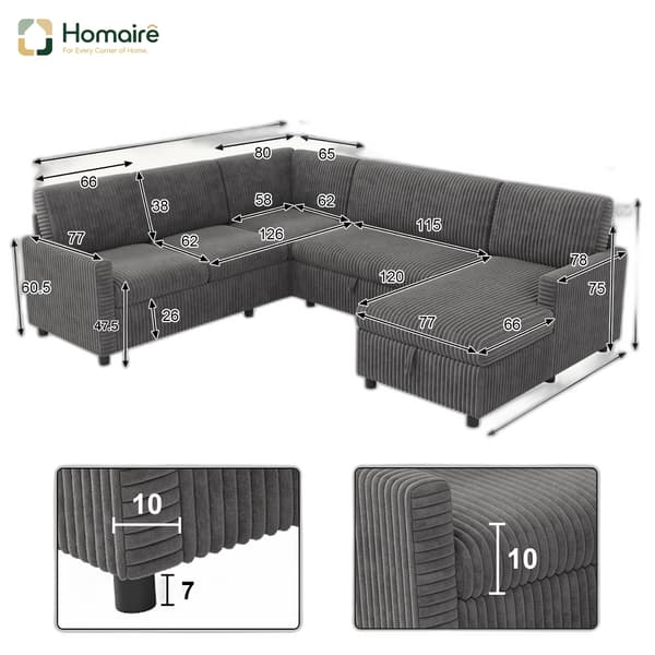 HOMAIRE Modern U-format hörnsoffa med bäddfunktion och förvaring, grå 220×274×85 cm Grå 274 x 220 x 85 cm