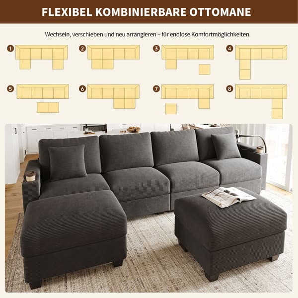 HOMAIRE U-formad modulsoffa med bäddfunktion, grå manchestersammet Grå 275.5 x 139 x 87 cm