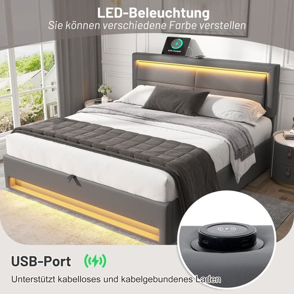 HOMAIRE stoppad sängram med USB-laddning, LED-belysning och förvaring, grå Grå