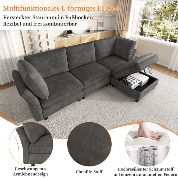 HOMAIRE modulsoffa L-form med förvaringspall, Chenille, 4-sits, grå Grå 225 x 137 x 84 cm