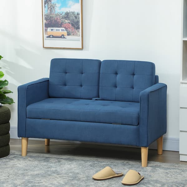 HOMAIRE 2-sits soffa med förvaring, knappdekoration, kuddar, eukalyptusträ, blå, 117x62x78 cm Blå