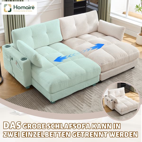 HOMAIRE Beiges 2-sits Cordsoffa med USB och förvaringsfickor Beige 103 x 49 x 39 cm