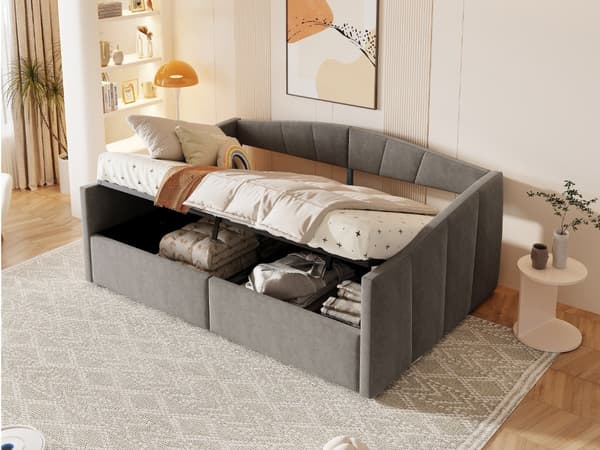 HOMAIRE Multifunktionell stoppad bäddsoffa med hydraulisk förvaring i grå sammet Grå 212 x 145 x 62 cm