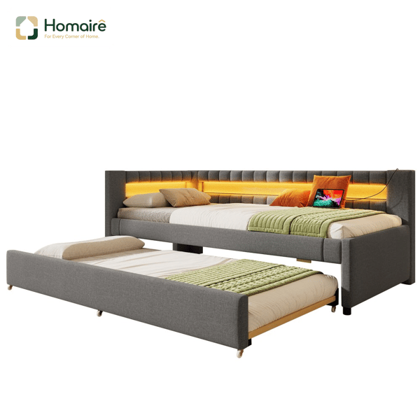 HOMAIRE bäddsoffa med LED-ljus och USB Type-C laddning, linne MDF, grå Grå 212 x 100 x 84.5 cm