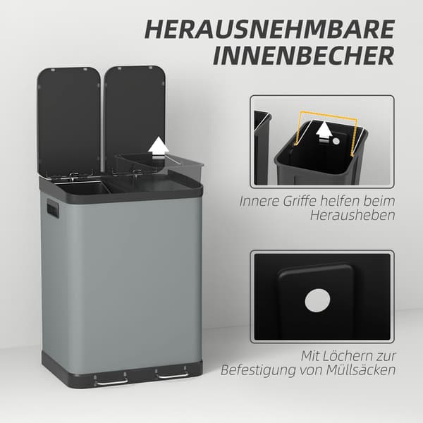 HOMAIRE Dubbelfackad soptunna 2x30L, fingeravtrycksresistent, pedal, löstagbara innerhinkar, grå Grå