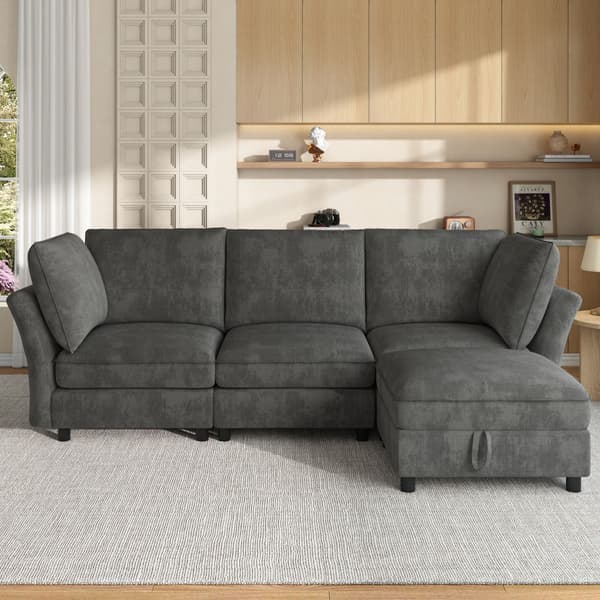 HOMAIRE modulsoffa L-form med förvaringspall, Chenille, 4-sits, grå Grå 225 x 137 x 84 cm