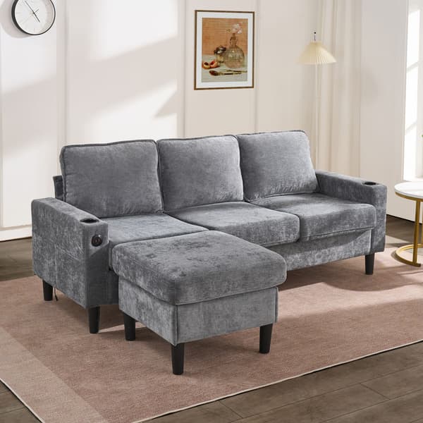 HOMAIRE L-format 3-sitssoffa med USB och Typ-C, grå linne Grå 202 x 137 x 80 cm