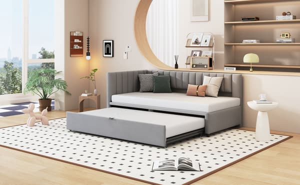 HOMAIRE Multifunktionell L-format bäddsoffa med utdragbar säng 90/180x200 cm, samtyg, grå Grå 208 x 97.5 x 75 cm