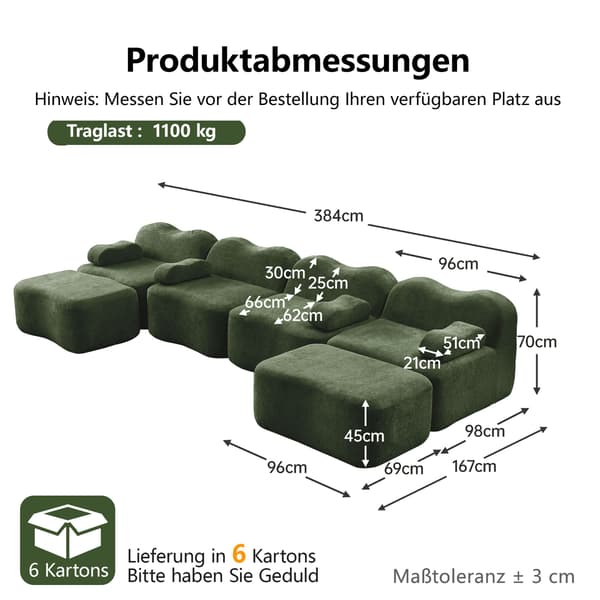 HOMAIRE 4-sits modulsoffa i U-form med 2 ottomaner, grön sammet Grön 384 x 167 x 70 cm