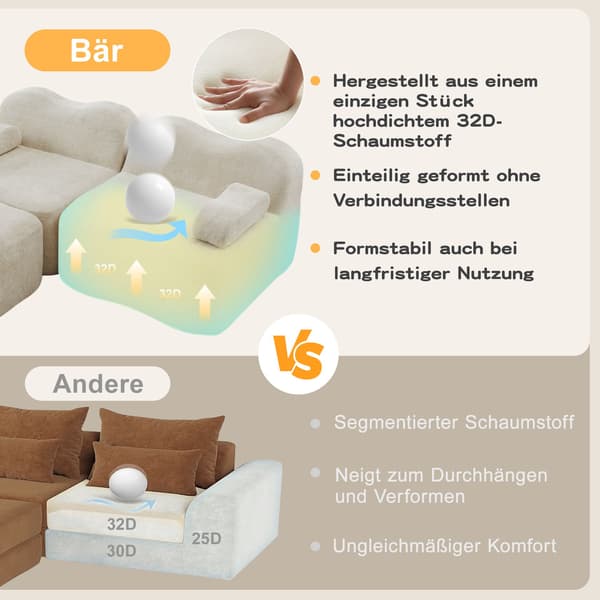 HOMAIRE 4-sits modulsoffa i U-form med 2 ottomaner, beige sammet Beige 384 x 167 x 70 cm