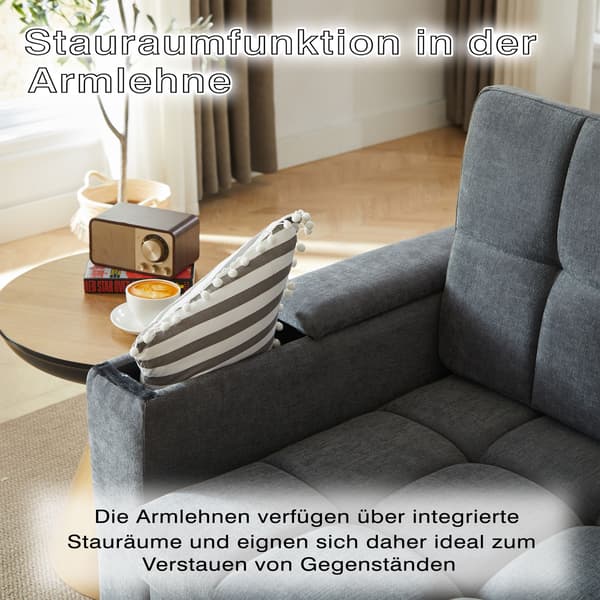 HOMAIRE 3-i-1 Chenille 2-sits soffa med förvaring, bäddfunktion och sidofickor, robust metallram, multifunktionell för vardagsrum och gästrum, grå Grå