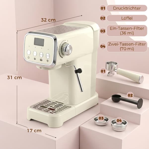 HOMAIRE Espressomaskin 20 Bar med ångfunktion, avtagbart 1,2L vattentank, vit Gräddvit 32 x 17 x 31 cm