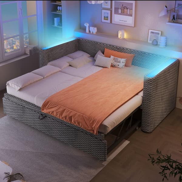 HOMAIRE 2-i-1 multifunktionell bäddsoffa med appstyrda LED-lampor i sammet och MDF Grå 229 x 191 x 68 cm