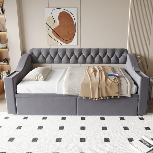 HOMAIRE Sammetssoffa med förvaring och USB-port, metallram, grå Grå 214.5 x 96 x 78.5 cm