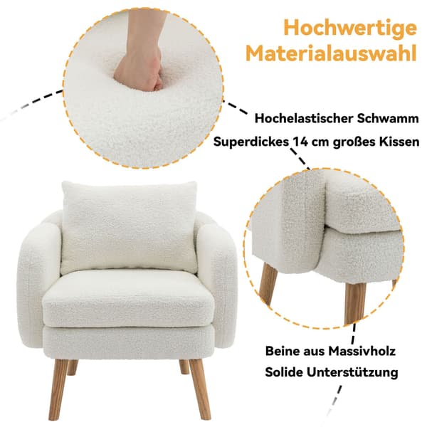 HOMAIRE Teddy-samtsfåtölj med extra tjock kudde, vit Vit 71 x 72 x 71 cm