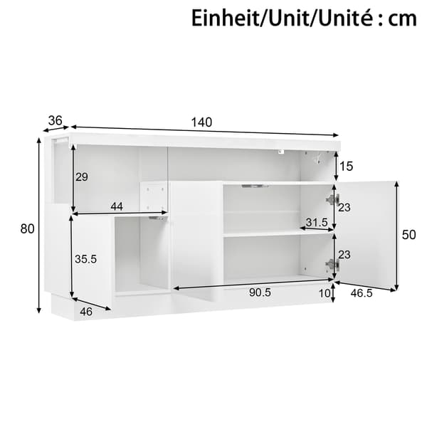HOMAIRE Sideboard med LED-belysning och appstyrning, vit högblank Vit 140 x 36 x 80 cm