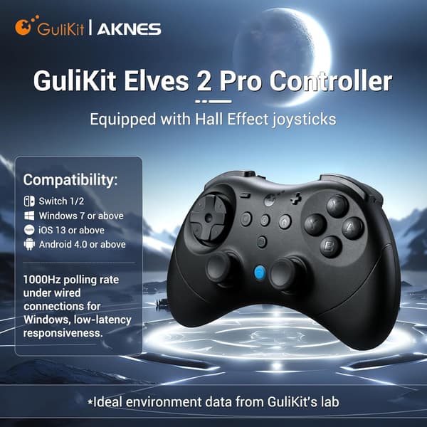 GuliKit Elves 2 Pro trådlös spelkontroll för Switch/Switch 2, Windows, iOS och Android - Hall Effect Joysticks, Svart svart