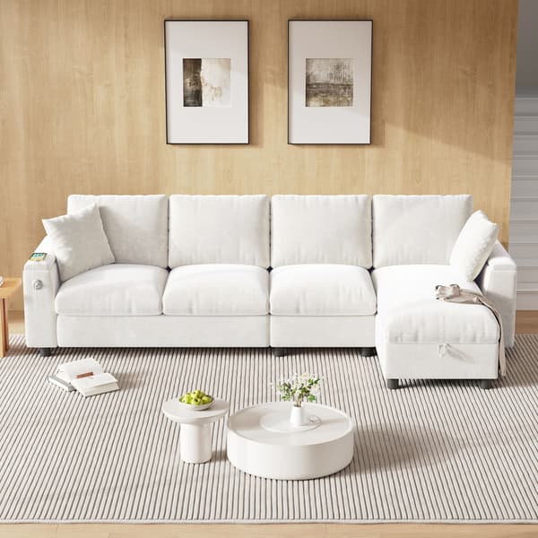 HOMAIRE Chenille-soffa med L-form, förvaring och utdragbart soffbord, beige Beige 280 x 137 x 84 cm