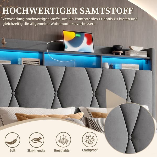 HOMAIRE Mörkgrå Sammet Sängram med LED, USB-C och Gasfjäderbas Mörkgrå