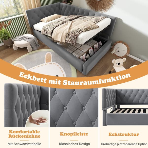 HOMAIRE L-formad bäddsoffa med hydraulisk förvaring i sammet, modern design, grå Grå 206 x 100 x 77 cm