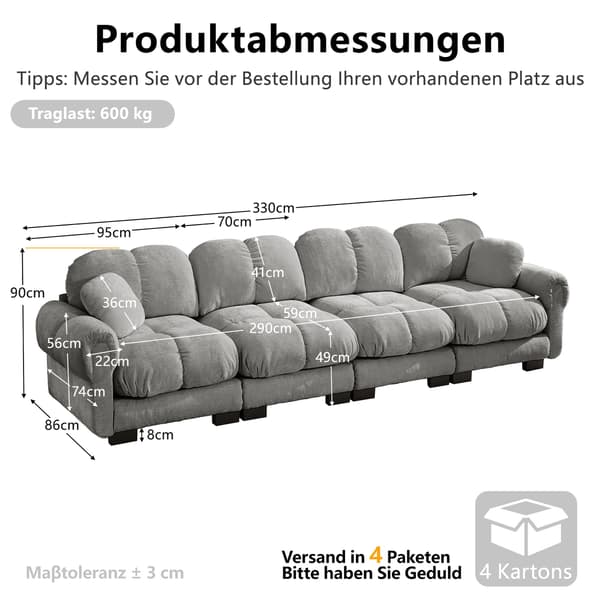HOMAIRE Soffa med Steppdesign och Eleganta Armstöd, Ljusgrå Chenille Ljusgrå 330 x 86 x 90 cm