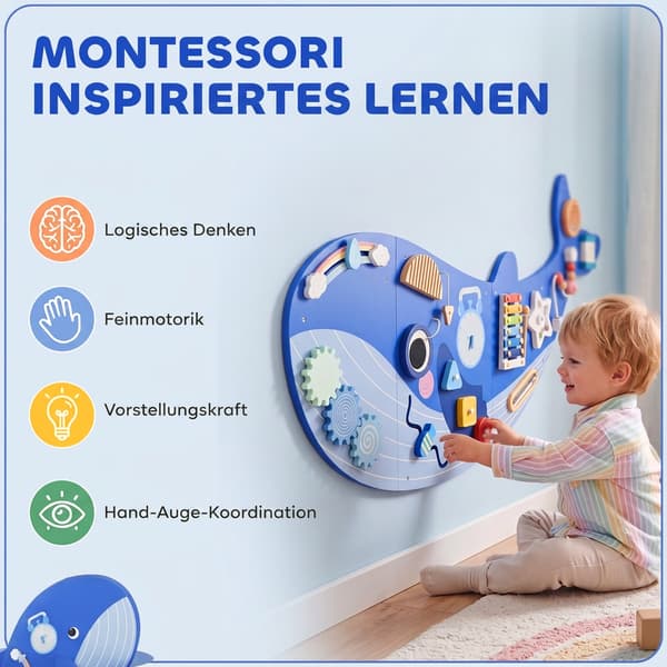 HOMAIRE Montessori Motorikbrett 13-in-1 i valform för väggmontering Blå 120 x 55.5 x 4 cm