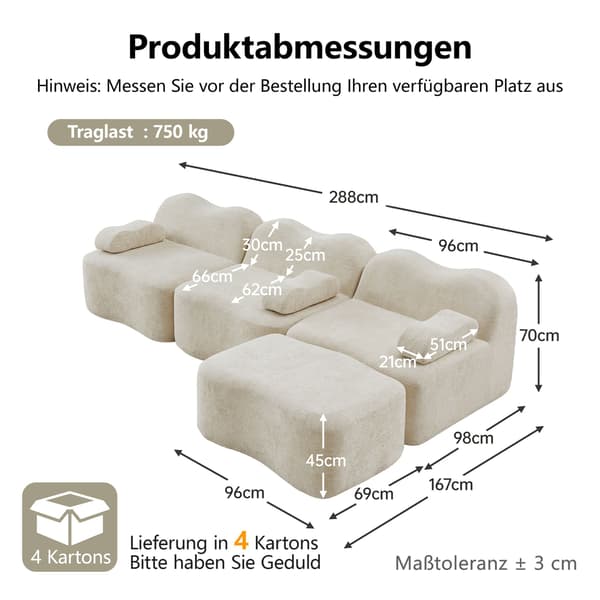 HOMAIRE 3-sits modulsoffa i L-form med ottoman, beige sammet Beige 288 x 167 x 70 cm