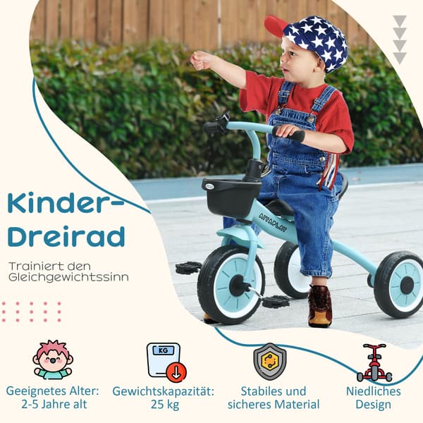 HOMAIRE barncykel trehjuling 2-5 år, justerbar sits, ringklocka, cykelkorg, metallram, blå Blå