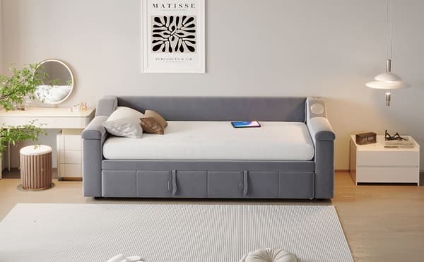 HOMAIRE Polsterbett Schlafsofa 90/180x190 cm med Bluetooth, USB och förvaring, grå sammet Grå 216 x 97 x 69 cm