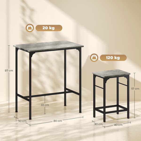 HOMAIRE Bartisch Set med 2 barstolar, grå bordsskiva och svart stålram, 80x50x87 cm Grå