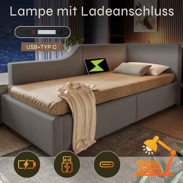 HOMAIRE Sammet Dagbädd med Förvaring, Hydraulik, Läsbelysning och USB-C Grå 213 x 98 x 70.5 cm