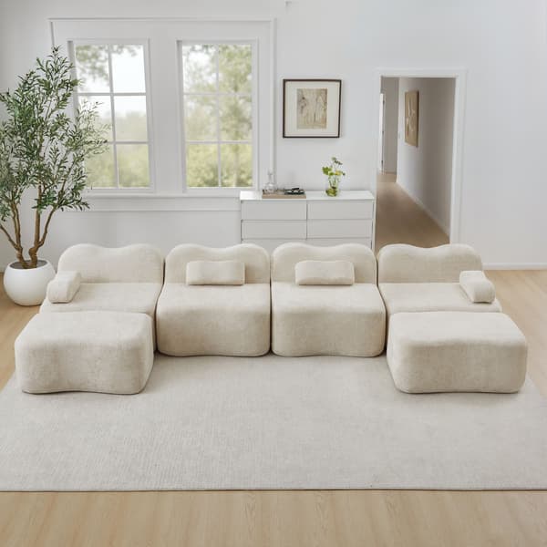 HOMAIRE 4-sits modulsoffa i U-form med 2 ottomaner, beige sammet Beige 384 x 167 x 70 cm