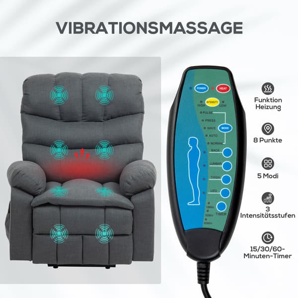 HOMAIRE elektrisk vilstol med massage och uppresningsfunktion, mörkgrå polyester och stål Mörkgrå 100 x 93 x 112 cm