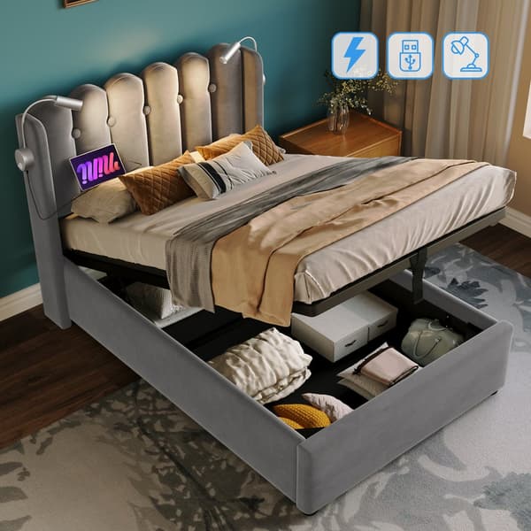 HOMAIRE Grå Sammet Sängram med Förvaring, Läsbelysning och USB-laddning Grå 206 x 103 x 95 cm