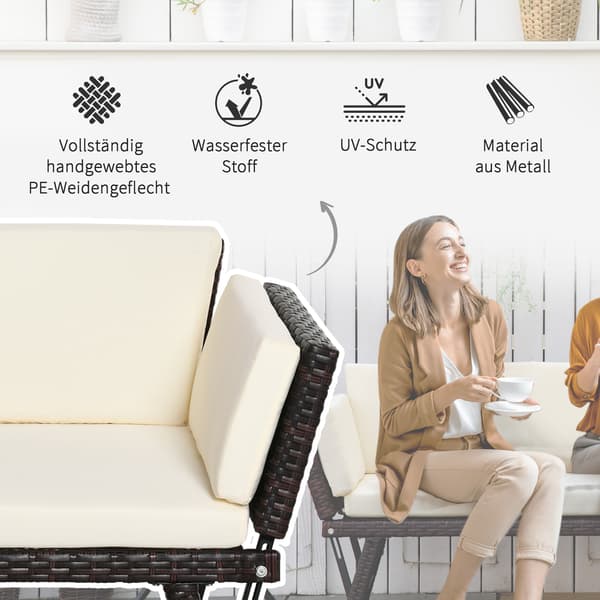 HOMAIRE Polyrattan Trädgårdssoffa 2-sits med utfällbara armstöd, brun, 129x63x67 cm Brun