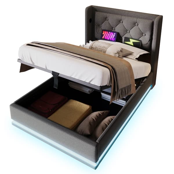 HOMAIRE stoppad sängram med förvaring, USB-laddning och LED-belysning, grå bomull Grå 210 x 100 x 101 cm
