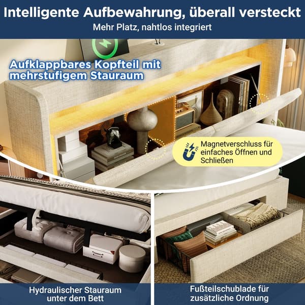 HOMAIRE Sängram med LED-belysning, USB & USB-C, hydraulisk förvaring, järnram Beige 219 x 171 x 111 cm