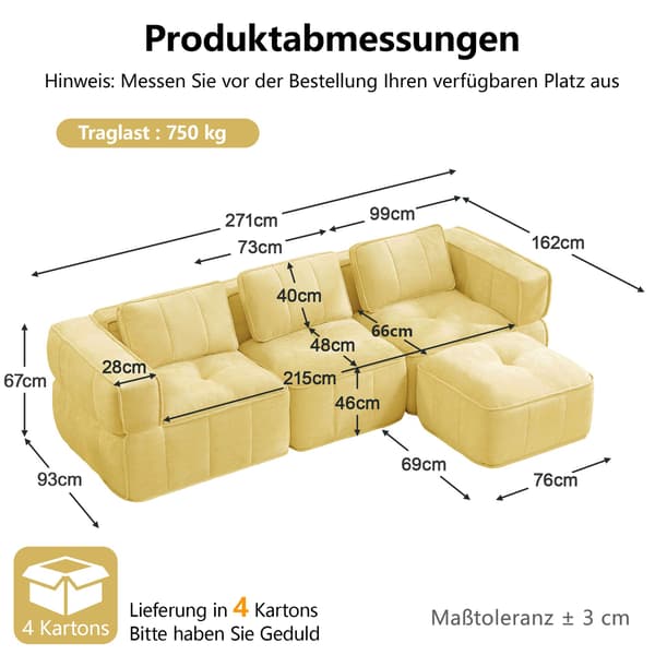 HOMAIRE 3-sits L-format modulsoffa med pall, gul, högdensitetsskum Gul 271 x 162 x 67 cm