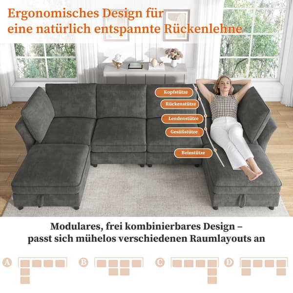 HOMAIRE modulärt U-/L-format hörnsoffa 6-sits med förvaringspuff, grå chenille Grå 289 x 137 x 84 cm