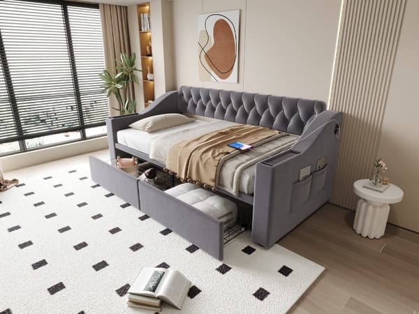 HOMAIRE Sammetssoffa med förvaring och USB-port, metallram, grå Grå 214.5 x 96 x 78.5 cm