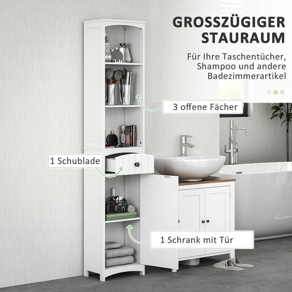 HOMAIRE badrumsskåp med 3 hyllor och 1 låda, robust MDF, vit, 34x24x170,5 cm Vit
