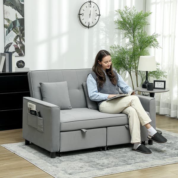 HOMAIRE 4-i-1 soffa med justerbar rygg, bäddsoffa med kuddar, grå polyester och eukalyptusträ Grå 140.5 x 90.5 x 89 cm