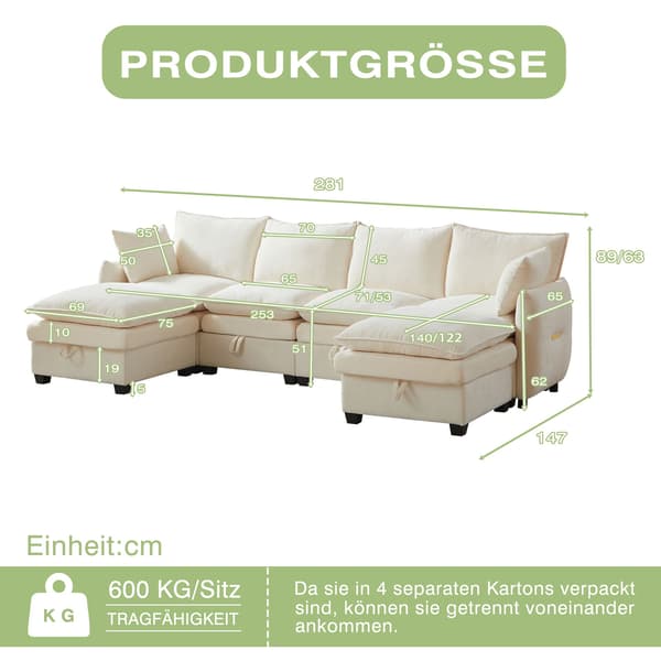 HOMAIRE U-formad soffa med förvaringsutrymme, modulset i chenille, beige Beige 281 x 147 x 89 cm