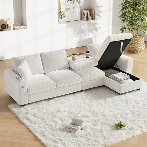 HOMAIRE Chenille-soffa med L-form, förvaring och utdragbart soffbord, beige Beige 280 x 137 x 84 cm