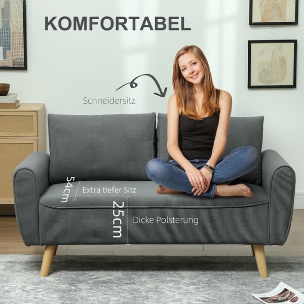HOMAIRE tvåsitssoffa i mörkgrått cordtyg med 2 ryggkuddar, 145x75x78 cm Mörkgrå